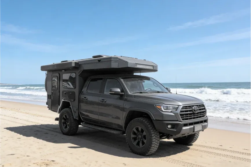 Pickup truck fitted with a TUYU hard-side pop-top camper driving on a beach