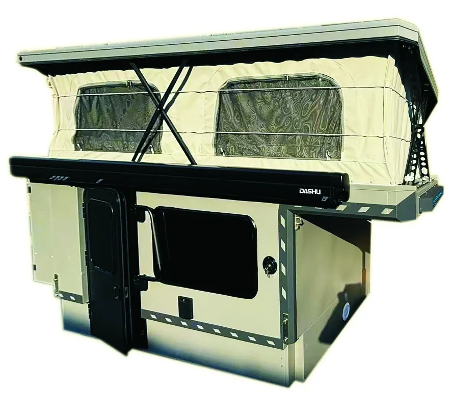 Pickup truck fitted with the TUYU T3 FRP pop-top camper parked by the sea